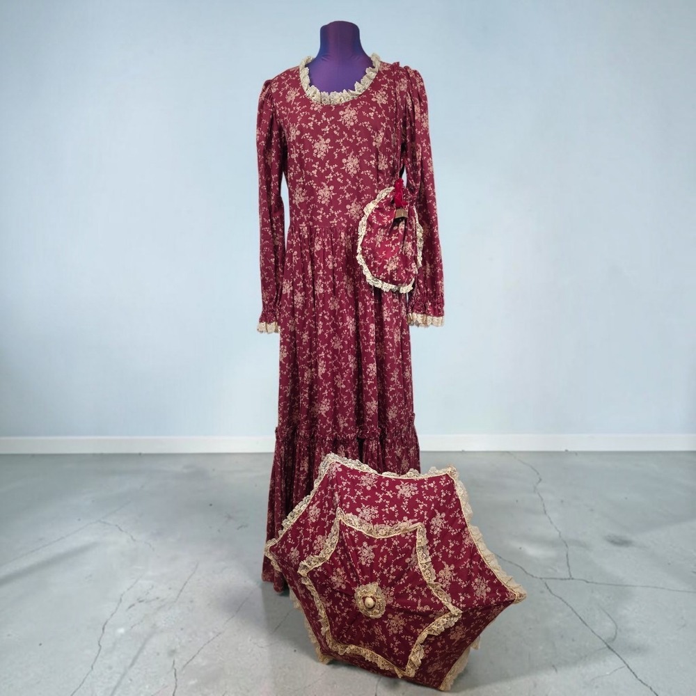 Vintage Prairie Maxi Dress Set Burgundy Floral Lace Parasol Bag 3pc Handmade